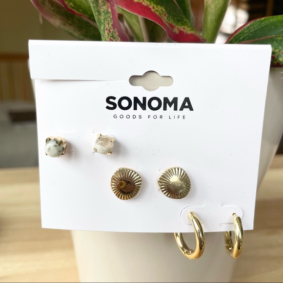 NWT SONOMA Three pairs of gold and stone hoop and stud earrings - Picture 2 of 7